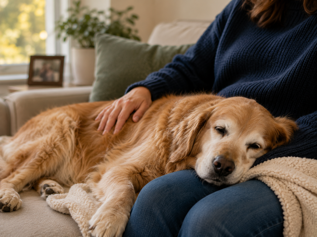 Older dog resting beside a family member at home